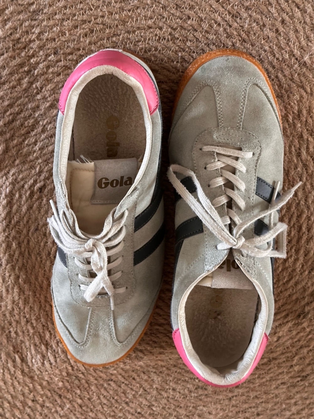 Gola Women's Suede Sneakers in Light Gray with Black Stripes and Pink Heel Tab